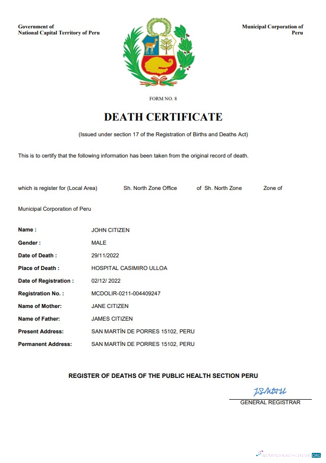 Download Peru vital record death certificate Word and PDF template Photoshop template